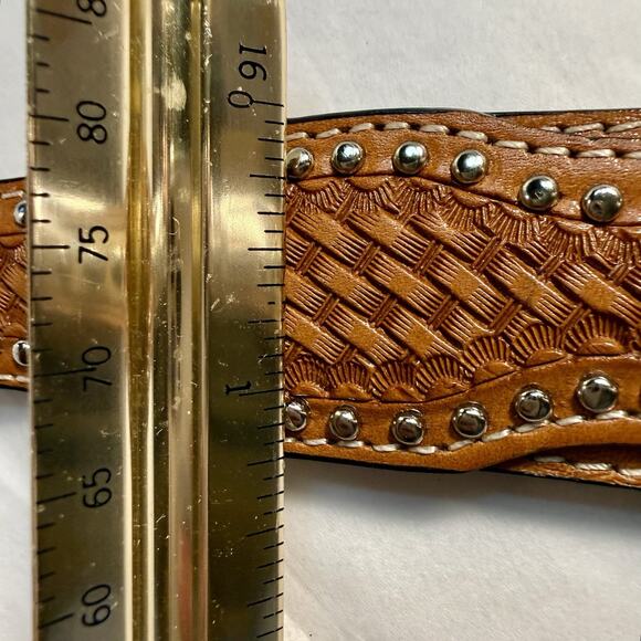 Ranger Belt Co Basket Weave Hair On Hide Studded Brown Leather Belt No Buckle 32 main image 12